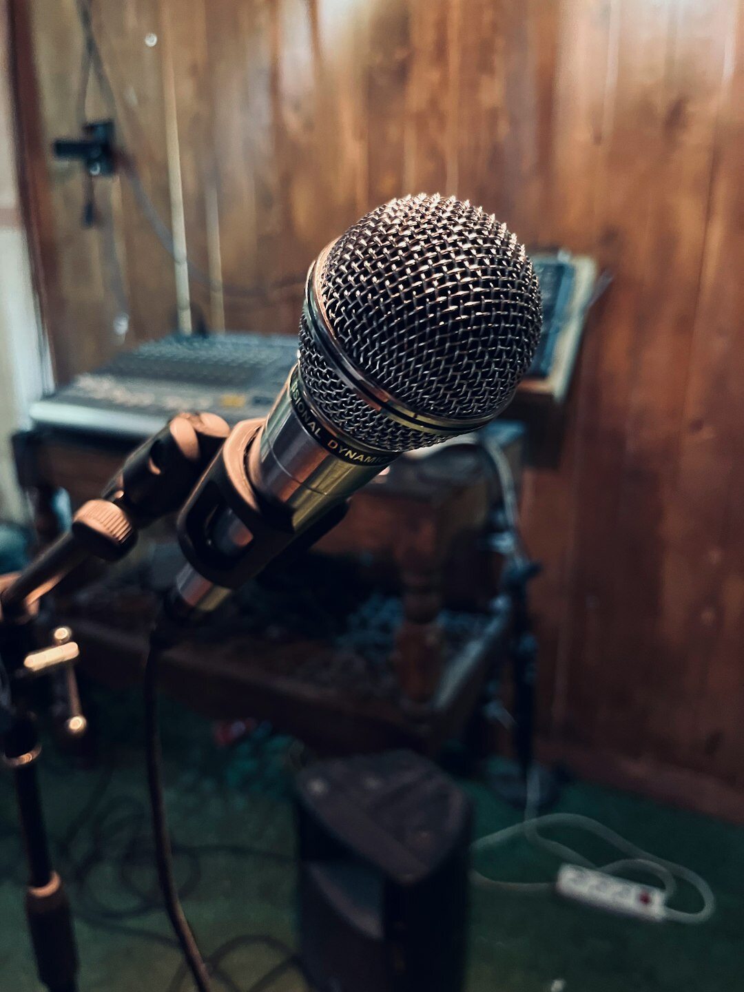 Microphone and mixing console set up for podcast recording