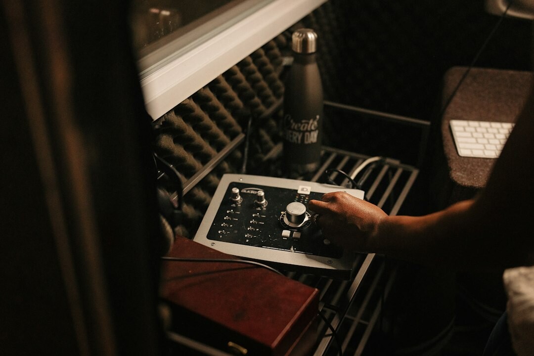 Podcast host adjusting microphone before recording